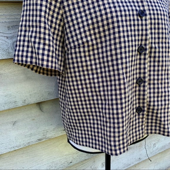 Vintage 80s Gingham Plaid Seersucker Button Up Short Sleeve Peter Pan Collar Top - Picture 11 of 16